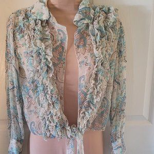 Chaudry ruffled open front tie waist shirt